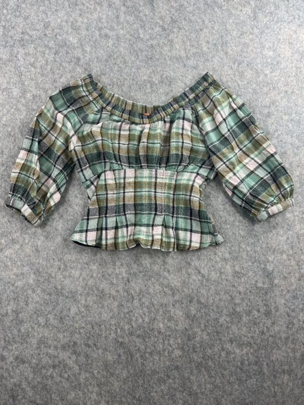 Free People Teagan Plaid Puff Sleeve Top Sz M Romantic